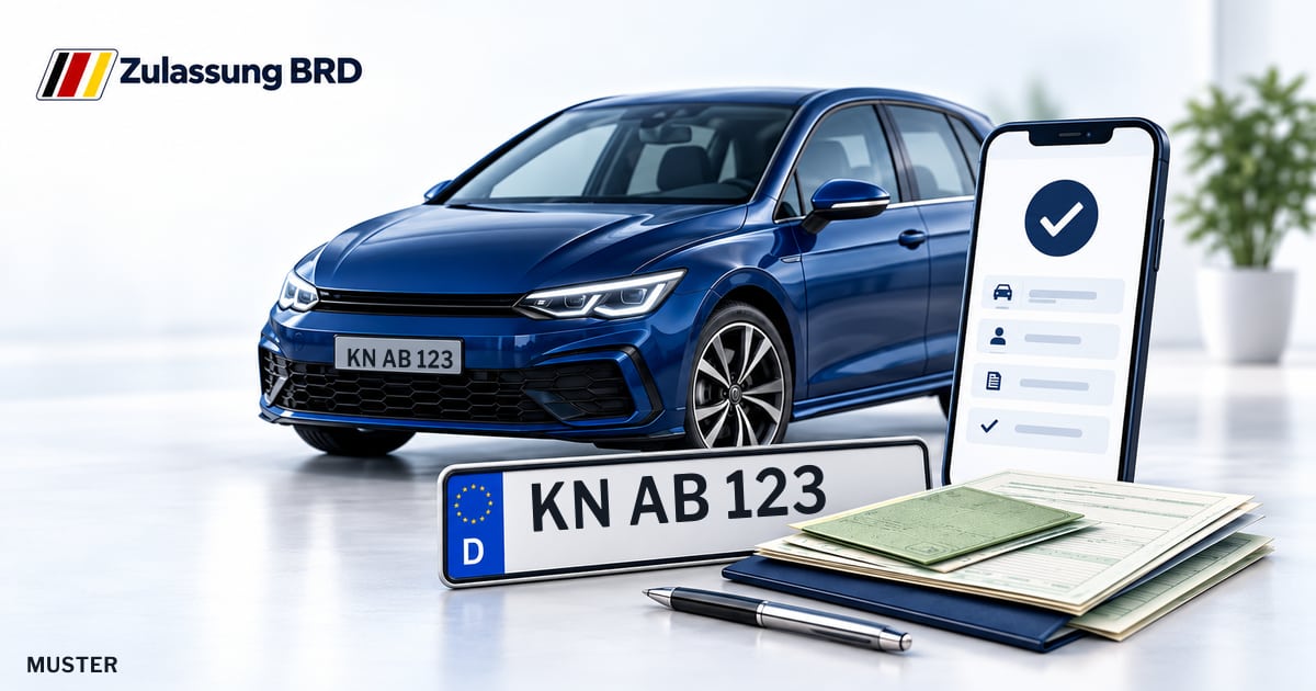 Online Fahrzeugzulassung in Konstanz: Musterkennzeichen KN AB 123, Auto und Fahrzeugpapiere und Smartphone. Illustration mit Logo von Zulassung BRD.
